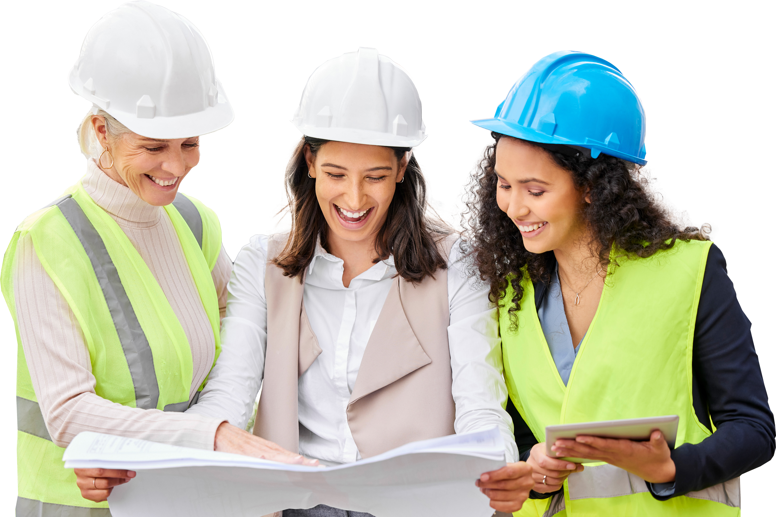 Femmes en uniforme de construction qui regarde un plan